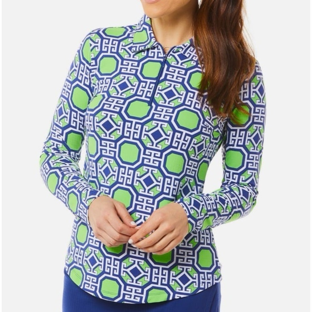 IBKUL Womens Green Navy Geometric IceFil UPF 50 Quarter Zip Sun Shirt Medium